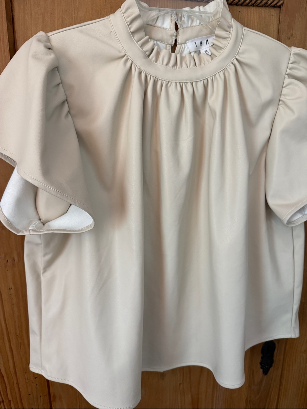 THML Cream Ruffle-Neck Flutter Sleeve faux leather top